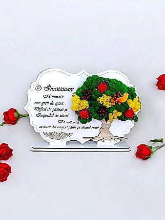 Decoratiuni cu Licheni - Tablou copac cu licheni stabilizati, personalizat cu mesaj standard, cadou pentru Învatatoare, dimensiune 30x20cm