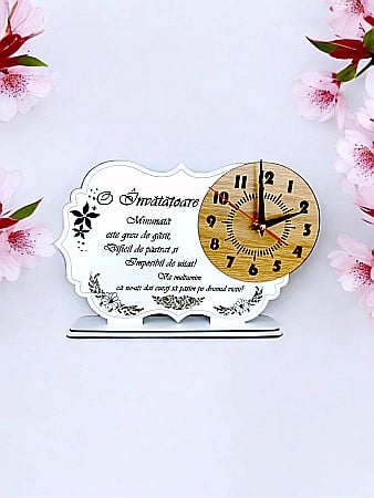 Cadouri Personalizabile - Tablou cu ceas personalizat cu mesaj standard, cadou pentru Invatatoare, dimensiune 30x20cm, cadran maro