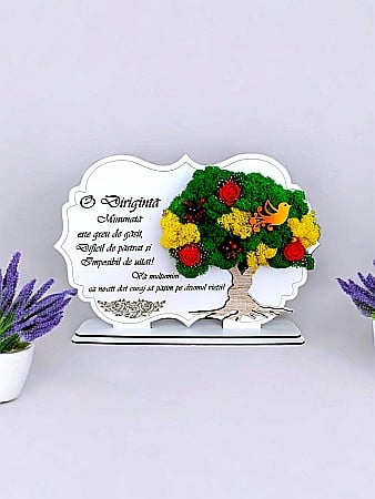 Decoratiuni cu Licheni - Tablou copac cu licheni stabilizati, personalizat cu mesaj standard, cadou pentru Diriginta, dimensiune 30x20cm
