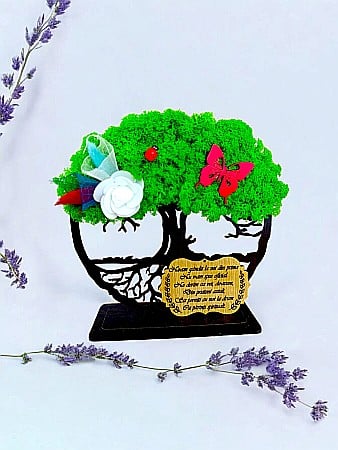 Decoratiuni cu Licheni - Tablou Copacul Vietii personalizat cu mesaj standard, cadou decorat cu licheni stabilizati, personalizabil, Model 3
