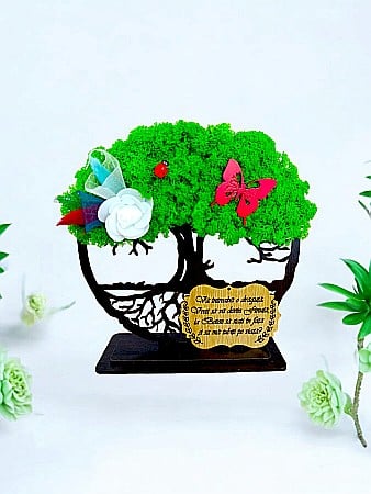 Decoratiuni cu Licheni - Tablou Copacul Vietii personalizat cu mesaj standard pentru Botez, cadou decorat cu licheni stabilizati, personalizabil, Model 3