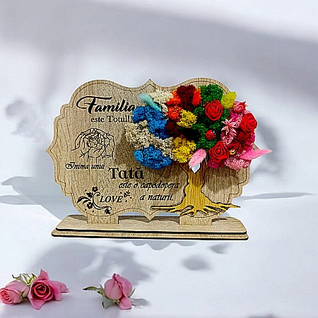 Decoratiuni cu Licheni - Tablou copac cu licheni stabilizati, personalizat cu mesaj standard, cadou pentru familie model 2, dimensiune 30x20cm, Maro