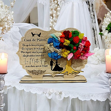 Cadouri Personalizabile - Tablou copac cu licheni stabilizati, personalizat cu mesaj standard, cadou pentru casatorie, logodna," Casa de Piatra" dimensiune 30x20cm, Maro