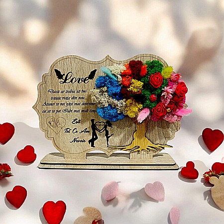 Decoratiuni cu Licheni - Tablou copac cu licheni stabilizati, personalizat cu mesaj standard, cadou pentru îndragostiti, sotie, iubita, dimensiune 30x20cm, Maro