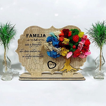 Cadouri Personalizabile - Tablou copac cu licheni stabilizati, personalizat cu mesaj standard, cadou pentru familie model 3, dimensiune 30x20cm, Maro