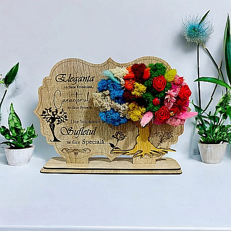 Decoratiuni cu Licheni - Tablou copac cu licheni stabilizati, personalizat cu mesaj standard, cadou pentru femei, "Eleganta, Caracterul si Sufletul" dimensiune 30x20cm, Maro