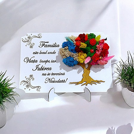 Decoratiuni cu Licheni - Tablou copac cu licheni stabilizati, personalizat cu mesaj standard, cadou pentru Familie, dimensiune 30x20cm, Alb