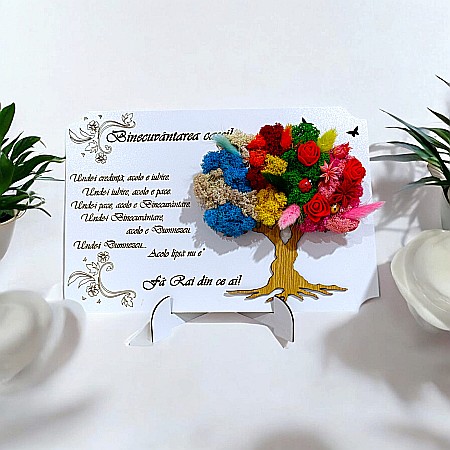 Cadouri Personalizabile - Tablou copac cu licheni stabilizati, personalizat cu mesaj standard, cadou pentru familie, prieteni,nasi "Binecuvantarea casei"dimensiune 30x20cm, Alb