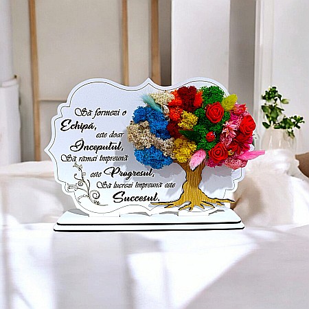 Cadouri Personalizabile - Tablou copac cu licheni stabilizati, personalizat cu mesaj standard, cadou pentru Sef, Manager, Doctor, "Sa formezi o echipa", dimensiune 30x20cm
