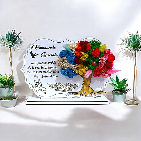 Tablou copac cu licheni stabilizati, personalizat cu mesaj standard, cadou pentru Persoanele Speciale, dimensiune 30x20cm