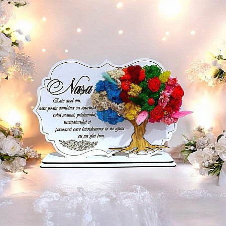 Cadouri Nasa - Tablou copac cu licheni stabilizati, personalizat cu mesaj standard pentru nasa, dimensiune 30x20cm, model 3, alb