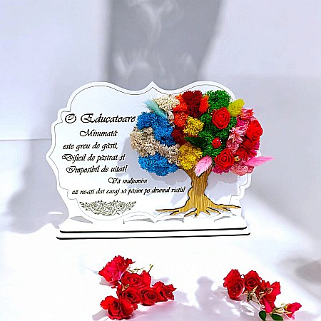 Cadouri Personalizabile - Tablou copac cu licheni stabilizati, personalizat cu mesaj standard, cadou pentru Educatoare, dimensiune 30x20cm