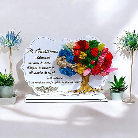 Cadouri Personalizabile - Tablou copac cu licheni stabilizati, personalizat cu mesaj standard, cadou pentru Invatatoare, dimensiune 30x20cm