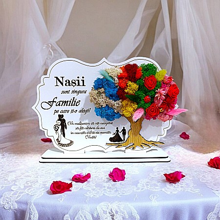 Cadouri Personalizabile - Tablou copac cu licheni stabilizati, personalizat cu mesaj standard, cadou pentru Nasi, "Nasii sunt singura familie pe care ti-o alegi!", dimensiune 30x20cm