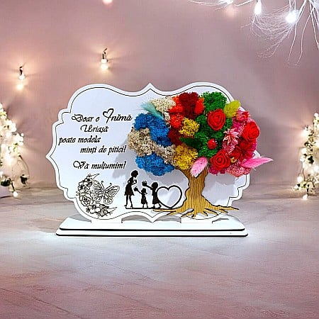 Cadouri Personalizabile - Tablou copac cu licheni stabilizati, personalizat cu mesaj standard, cadou pentru Educatoare, "Doar o inima uriasa...", dimensiune 30x20cm