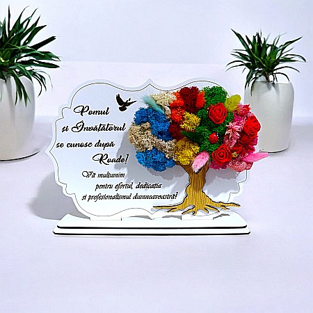 Cadouri Personalizabile - Tablou copac cu licheni stabilizati, personalizat cu mesaj standard, cadou pentru Invatatoare, Invatator "Pomul si Invatatorul..." dimensiune 30x20cm