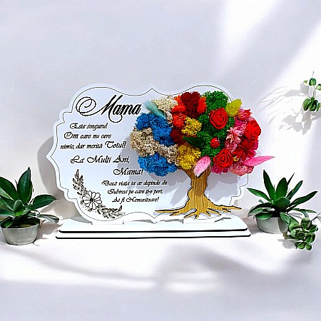 Tablou copac cu licheni stabilizati, personalizat cu mesaj standard pentru mama, dimensiune 30x20cm, model 5, alb