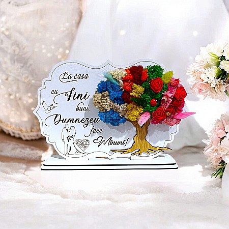 Tablou copac cu licheni stabilizati, personalizat cu mesaj standard, cadou pentru fini, dimensiune 30x20cm