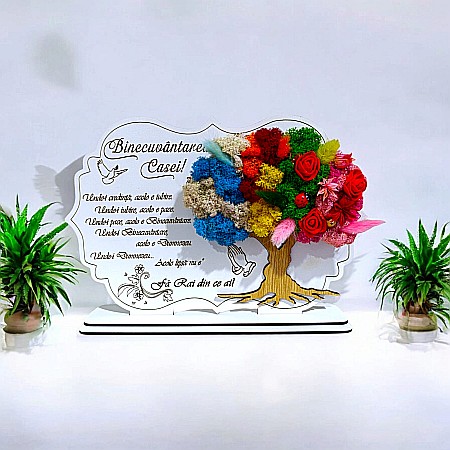 Tablou copac cu licheni stabilizati, personalizat cu mesaj standard, cadou pentru familie, nasi, fini "Binecuvantarea casei" dimensiune 30x20cm