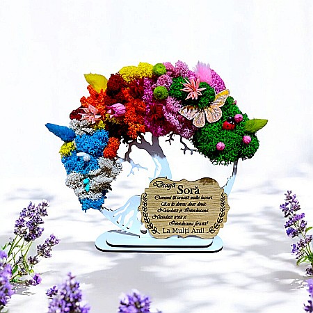 Copacul Vietii 4 Anotimpuri - Tablou copacul vietii personalizat cu mesaj standard pentru Sora, cadou decorat cu licheni stabilizati, 4 anotimpuri