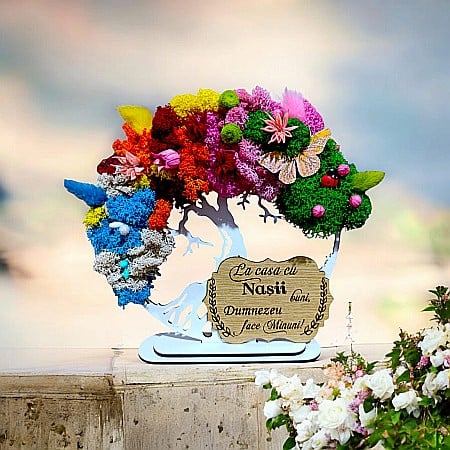 Cadouri Personalizabile - Tablou copacul vietii personalizat cu mesaj standard pentru Nasi, "La casa cu Nasii buni..." cadou decorat cu licheni stabilizati, 4 anotimpuri