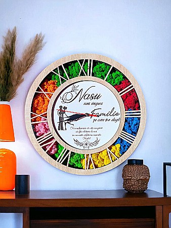 Ceasuri cu Licheni - Ceas de perete tip caseta decorat cu licheni naturali , cadou personalizat, "Nasii sunt singura familie pe care ti-o alegi!"