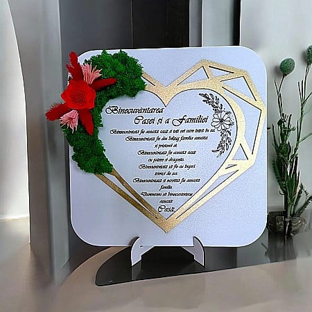 Tablouri cu Licheni - Tablou decorativ personalizat pentru nasi, fini, prieteni, "Binecuvantarea Casei", decorat cu licheni stabilizati, cu design in formă de inimă geometrica– Produs în România de Rustic Wood Decor