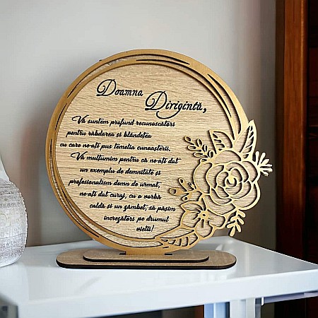 Cadou personalizat, tablou din lemn elegant cu trandafir si mesaj standard pentru Invatatoare [1]