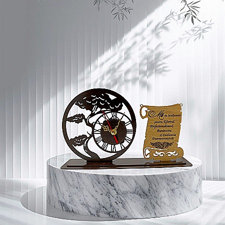 Blank Ceas Bonsai cu Placută, personalizat "Mii de multumiri pentru efortul", Produs în România de Rustic Wood Decor ,dimensiune 30x18cm