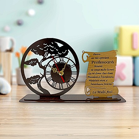Blank Ceas Bonsai cu Placută, personalizat pentru Profesoara "Pentru cea mai Apreciata", Produs în România de Rustic Wood Decor ,dimensiune 30x18cm