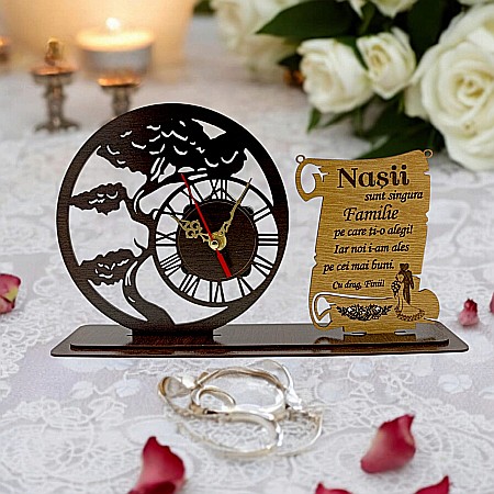 Blank Ceas Bonsai cu Placută, personalizat pentru Nasi "Nasii sunt singura Familie pe care ti-o alegi", Produs în România de Rustic Wood Decor ,dimensiune 30x18cm