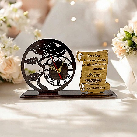 Blank Ceas Bonsai cu Placută, personalizat pentru Nasa "Intr-o lume in care poti fi orice", Produs în România de Rustic Wood Decor ,dimensiune 30x18cm