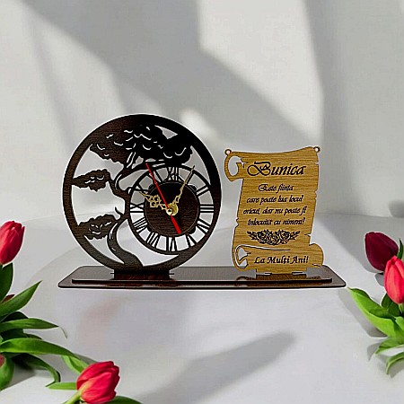 Blank Ceas Bonsai cu Placută, personalizat pentru Bunica "Bunica este fiinta care poate lua locul oricui", Produs în România de Rustic Wood Decor ,dimensiune 30x18cm