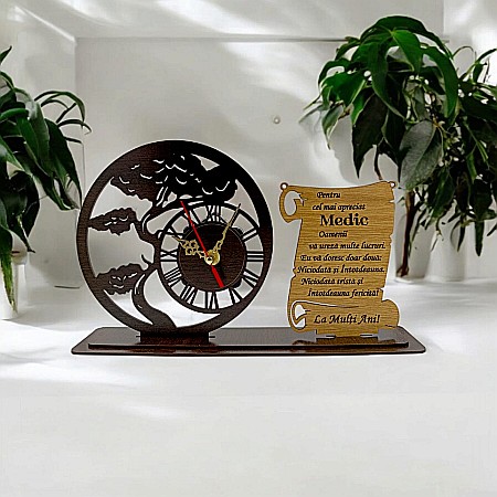 Blank Ceas Bonsai cu Placută, personalizat pentru Medic "Pentru cel mai apreciat Medic", Produs în România de Rustic Wood Decor ,dimensiune 30x18cm