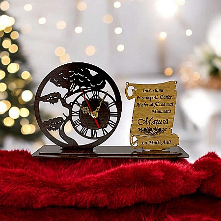 Blank Ceas Bonsai cu Placută, personalizat pentru Matusa "Intr-o lume in care poti fii orice", Produs în România de Rustic Wood Decor ,dimensiune 30x18cm