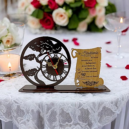 Blank Ceas Bonsai cu Placută, personalizat pentru Casatorie "O Casatorie de succes", Produs în România de Rustic Wood Decor ,dimensiune 30x18cm