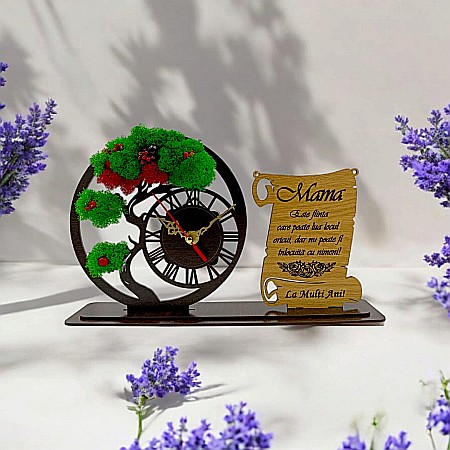 Ceas stil Bonsai - Ceas Bonsai cu Placută, personalizat pentru Mama "Este fiinta care poate lua locul oricui", Produs în România de Rustic Wood Decor ,dimensiune 30x18cm