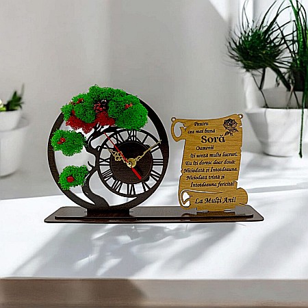 Ceas stil Bonsai - Ceas Bonsai cu Placută, personalizat pentru Sora "Pentru cea mai buna Sora", Produs în România de Rustic Wood Decor ,dimensiune 30x18cm