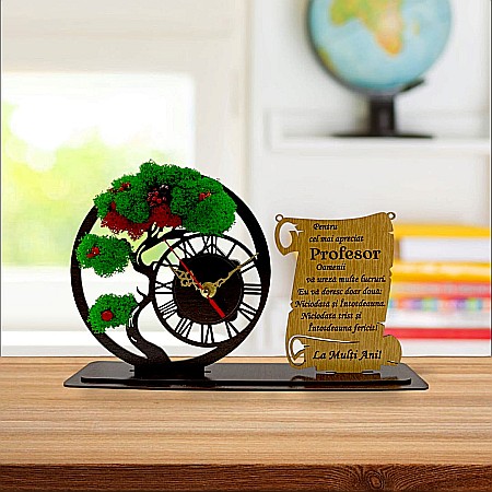 Ceas stil Bonsai - Ceas Bonsai cu Placută, personalizat pentru Profesor"Cel mai apreciat Profesor", Produs în România de Rustic Wood Decor ,dimensiune 30x18cm
