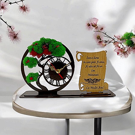 Ceas stil Bonsai - Ceas Bonsai cu Placută, personalizat "Intr-o lume in care poti fii orice ai ales sa fi un om minunat!", Produs în România de Rustic Wood Decor ,dimensiune 30x18cm