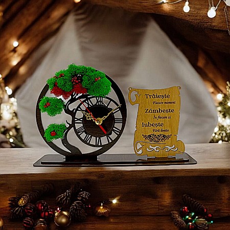 Ceas stil Bonsai - Ceas Bonsai cu Placută, personalizat "Traieste, Zambeste, Iubeste", Produs în România de Rustic Wood Decor ,dimensiune 30x18cm