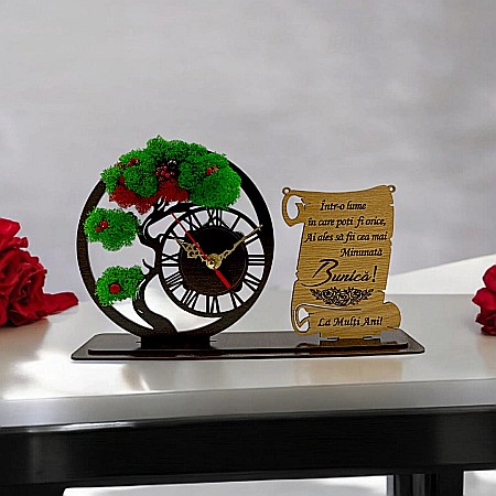 Ceas stil Bonsai - Ceas Bonsai cu Placută, personalizat pentru Bunica "Intr-o lume in care poti fi orice, ai ales sa fii cea mai minunata", Produs în România de Rustic Wood Decor ,dimensiune 30x18cm
