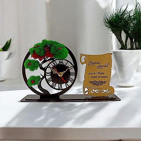 Ceas stil Bonsai - Ceas Bonsai cu Placută, personalizat "Oamenii Speciali scriu in suflet Povesti de neuitat", Produs în România de Rustic Wood Decor ,dimensiune 30x18cm