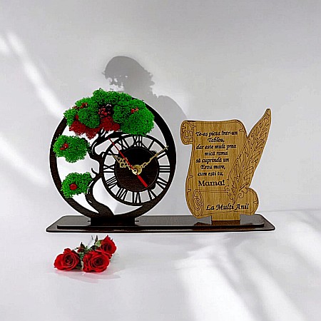 Ceas stil Bonsai - Ceas Bonsai cu Placută, personalizat pentru Mamă "Te-aș picta într-un tablou dar este mult prea mică rama", Produs în România de Rustic Wood Decor ,dimensiune 30x18cm