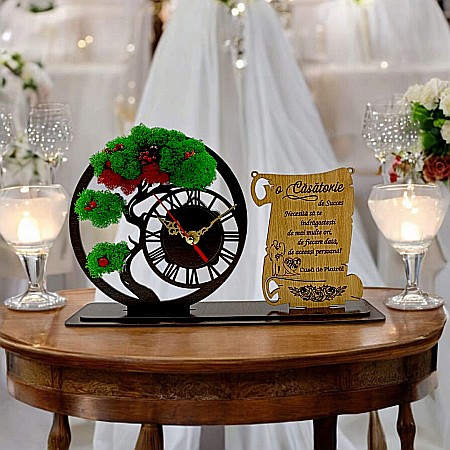 Ceas Bonsai cu Placută, personalizat pentru Căsătorie "O Căsătorie de Succes", Produs în România de Rustic Wood Decor ,dimensiune 30x18cm