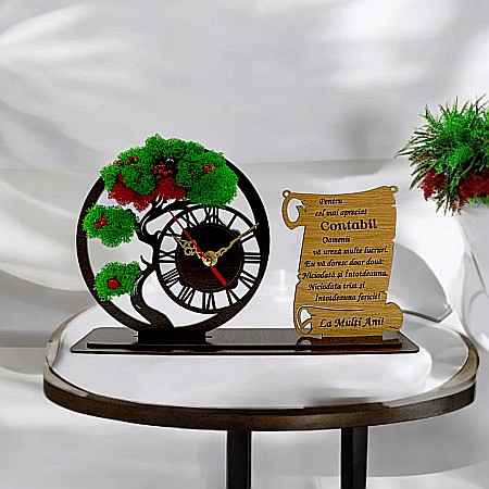 Ceasuri cu Licheni - Ceas Bonsai cu Placută, personalizat pentru Contabil "Pentru cel mai apreciat Contabil", Produs în România de Rustic Wood Decor ,dimensiune 30x18cm