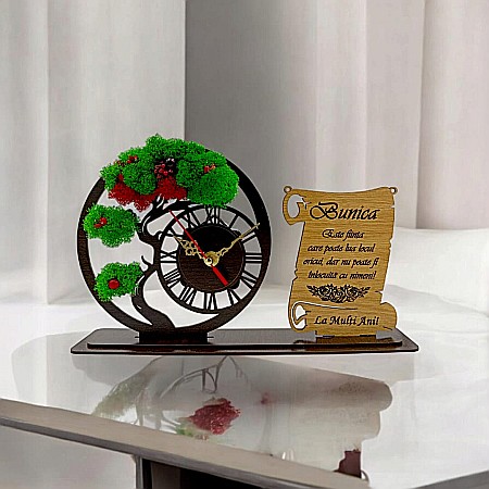 Ceasuri cu Licheni - Ceas Bonsai cu Placută, personalizat pentru Bunica "Bunica este ființa care poate lua locul oricui", Produs în România de Rustic Wood Decor ,dimensiune 30x18cm