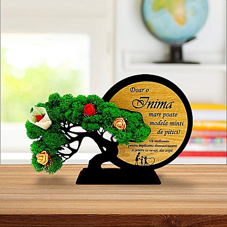 Decorațiune Cadou Bonsai, personalizat cu mesaj standard "Doar o Inimă mare poate modela minti de pitici"