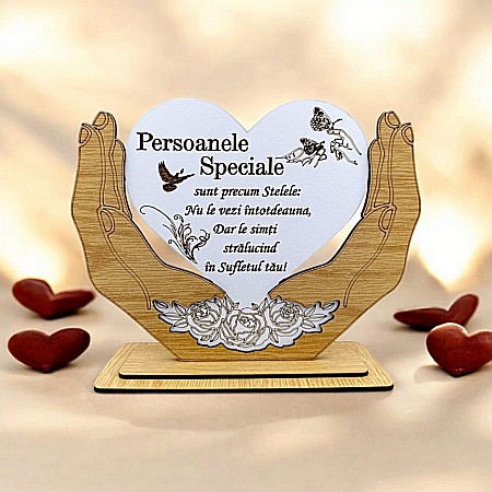 Decoratiuni din Lemn - Decoratiune Tablou Inima in palme, cadou personalizat cu mesaj standard "Persoanele Speciale sunt precum stelele..." dimensiune 20x15cm
