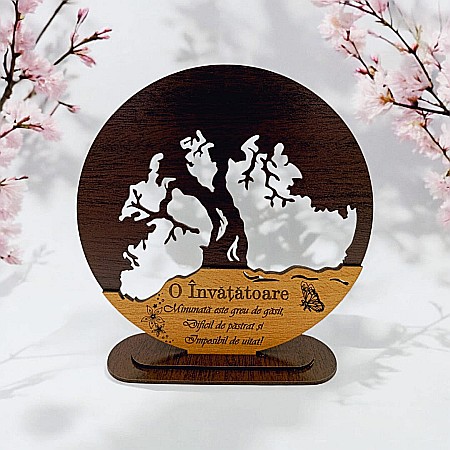 Blankuri - Blank personalizabil, Copacul Vieții decorativ cu mesaj standard pentru Învățătoare ”O învățătoare minunată este greu de găsit...” – Produs în România de Rustic Wood Decor